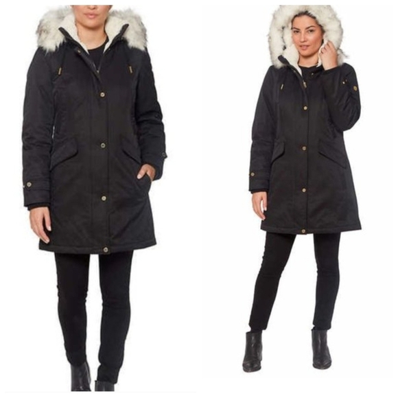 1 Madison Expedition Heritage Parka Coat L Black Faux Fur Hood Sherpa Lined